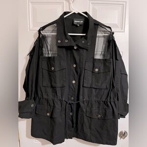 Rehab Lab Women’s Field Jacket Military Style Snap Button Sheer Shoulder Black S